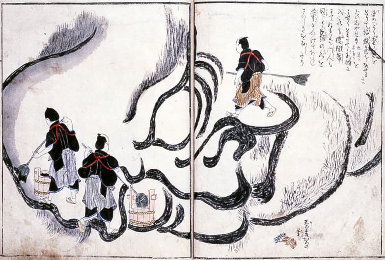 Le visage de Daruma se précise. Illustration tirée de l’ouvrage d’Enkōan intitulé « Description illustrée de Hokusai peignant sur le vif sa grande œuvre » (Hokusai taiga sokusho saizu). (Avec l’aimable autorisation du Musée municipal de Nagoya)