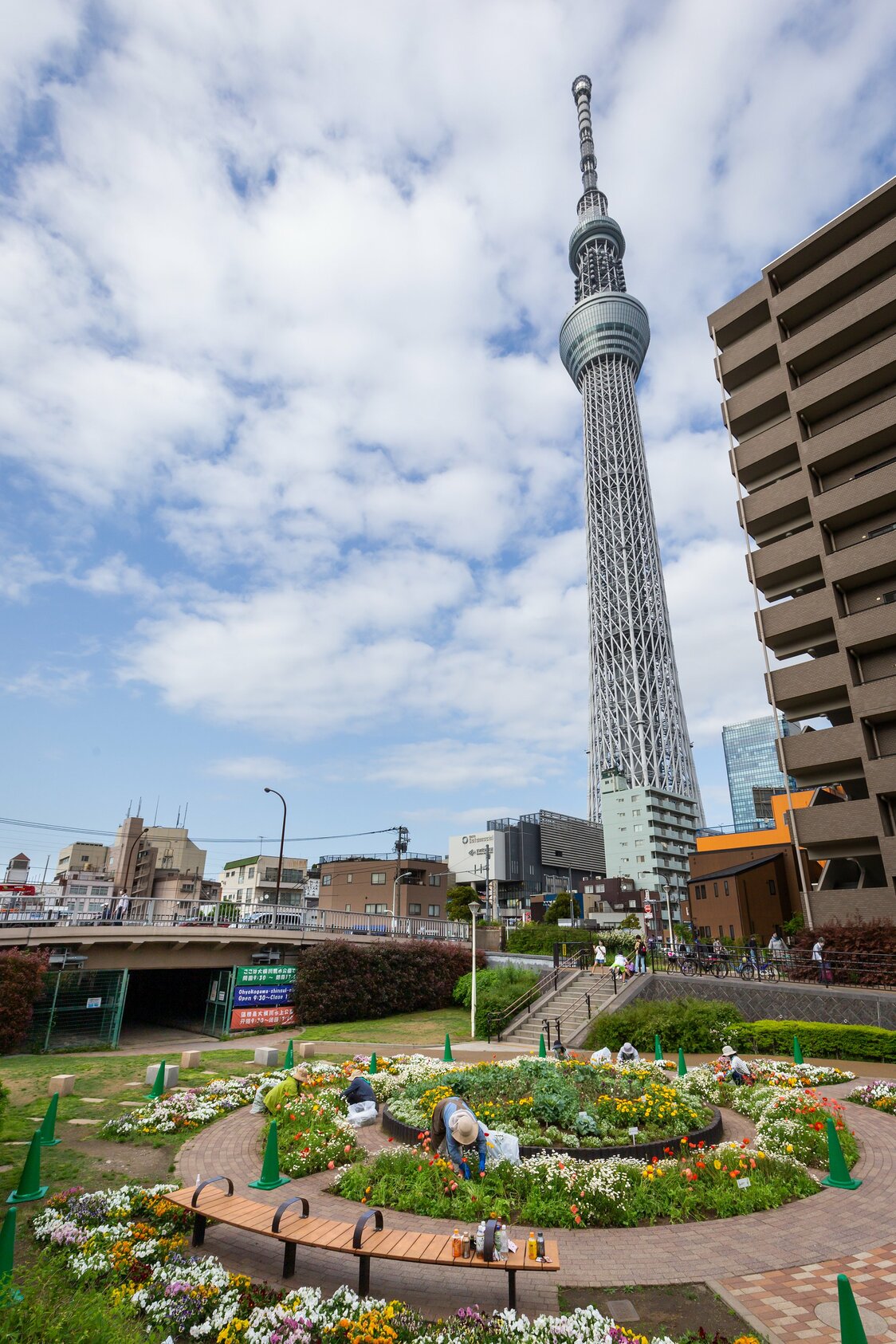 El parque Ōyokogawa Shinsui, cerca de la avenida Asakusa, adornado con flores.