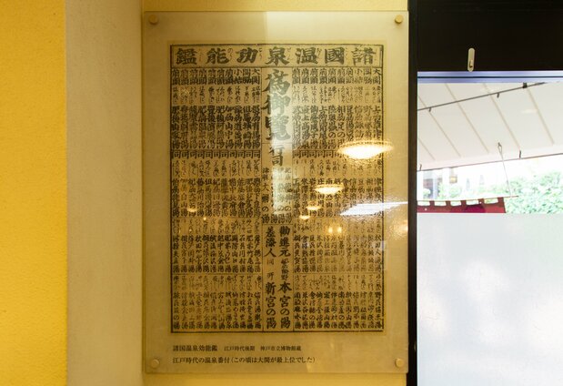 Un classement des sources chaudes de la période Edo affiché dans les bains publics Kin-no-yu. Arima est classé à égalité avec Kusatsu.