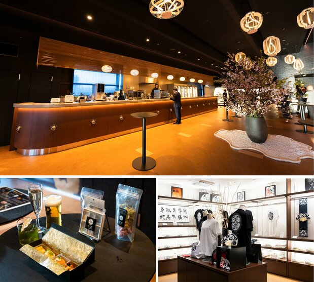La barra de bar de estilo retro (arriba) y las bebidas y comida creadas en colaboración con famosos establecimientos de Kioto (abajo a la izquierda). La tienda de regalos cuenta con una amplia selección de artículos originales de estilo japonés (abajo a la derecha).