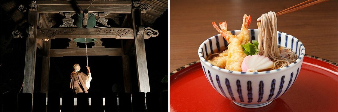 Un moine sonne la cloche du temple pour célébrer la veille du Nouvel An (à gauche) ; toshikoshi soba avec crevette tempura.