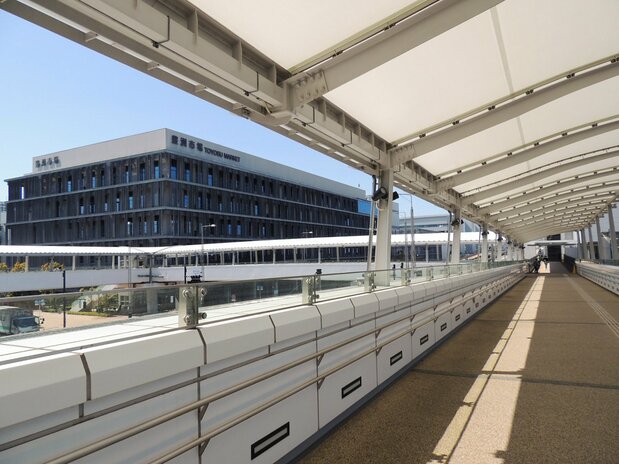 市場前駅から豊洲市場への連絡デッキ。コロナ騒動前はマグロの競り見学客などでにぎわっていたが、2月下旬以降は閑散としている　写真：筆者提供