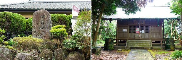 義盛の居館があったとされる和田城址(左)と、源氏の旗印の白旗の下で活躍した義盛を祀る神明白旗神社(右)。義盛は三浦一族から和田という所領を与えられて、和田姓を名乗った。義盛は源平合戦での戦勝の宴を地元で開き、「初声(はっせ)の舞」を披露したことから、この地は初声和田と呼ばれる(筆者撮影)