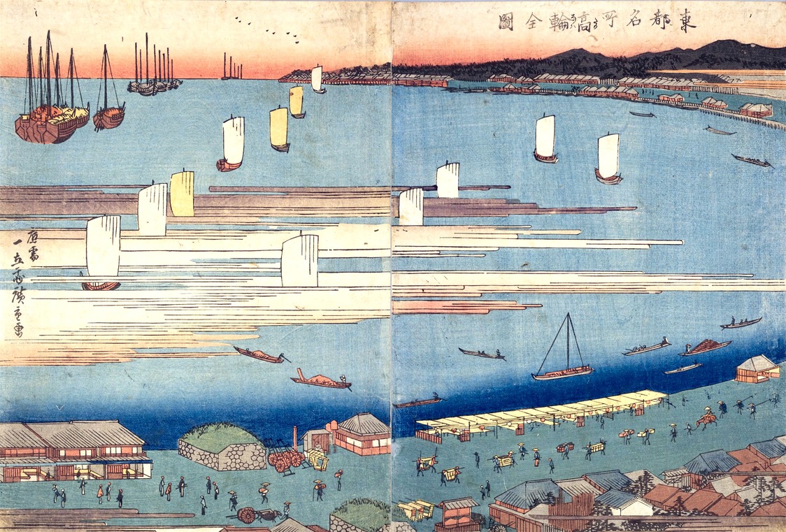 «Знаменитые места Восточной столицы: общий вид Таканавы». Каменные стены, изображённые на гравюре, сохранились до наших дней (предоставлено Национальной парламентской библиотекой)