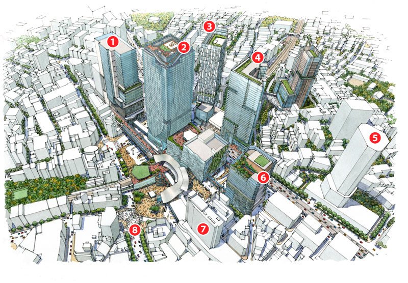 效果图，2027年的涩谷站周围地区。1、涩谷Hikarie 2、涩谷站街区 3、涩谷溪（Stream） 大厦 4、涩谷站樱丘口地区 5、蔚蓝塔6、道玄坂1丁目站前地区 7、涩谷马克城8、全向十字路口（照片提供：东急电铁）