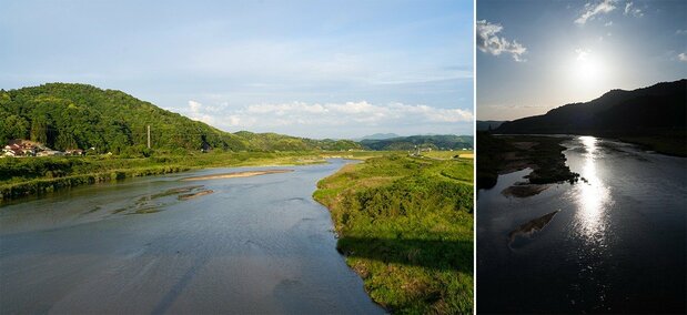 Two views of the Hii River. The important waterway is the setting of the Yamata no Orochi myth. (Photographed in 2024; © Hirafuji Kikuko)