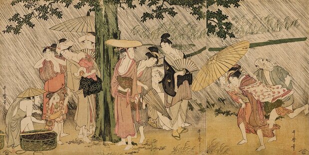 《在大树下避雨》,大幅锦绘,由三幅组成,作于1799-1800年间。出版商:鹤屋喜卫门(藏于东京国立博物馆,出处:ColBase)