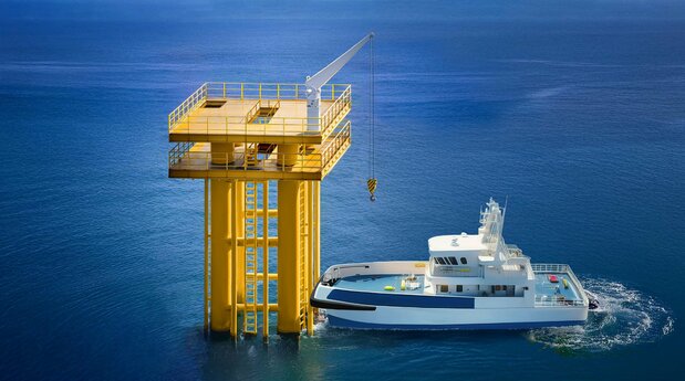 26年度完成予定の洋上タワー(高島近海)。世界に先駆けて実海域で移乗訓練を実施する 写真提供=日本財団