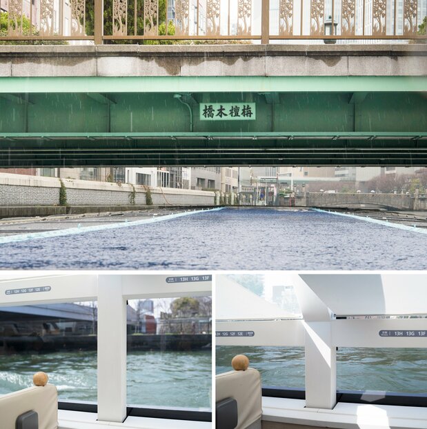 qua-Liner проходит под мостом (сверху); стандартное окно и высота крыши (внизу слева); крыша опустилась примерно на 30 сантиметров (справа внизу)