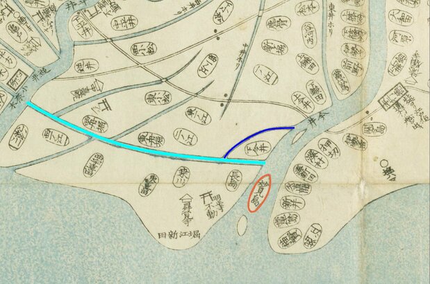 1825(文政8)年作成の『東都近郊図』(国会図書館蔵)の中川船番所から本行徳までを切り抜いた。妙見島を朱色で囲み、古川を濃い青、新川(船堀川)を薄い青で引いた。古川付近の下今井村(現・江戸川区江戸川4〜6丁目)には、今でも多くの船宿が残る