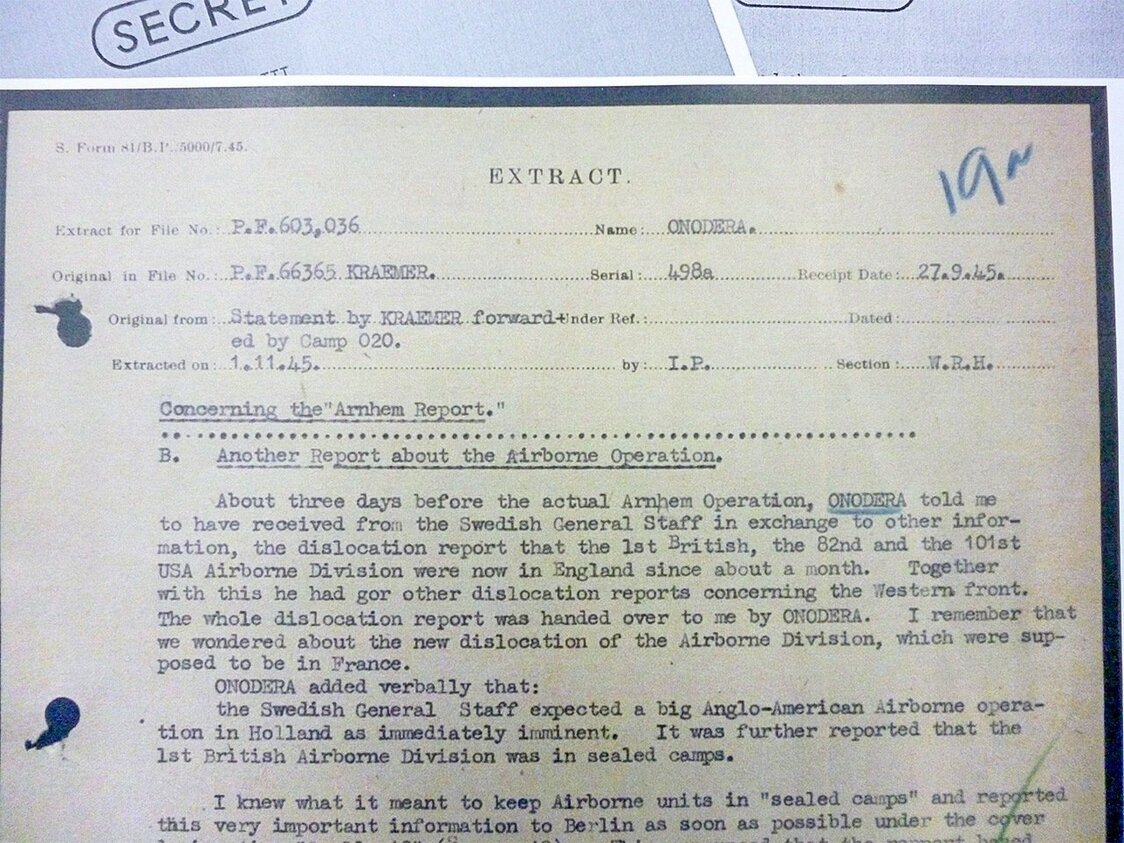 「マーケット・ガーデン作戦」情報を３日前に小野寺から得たとするクレーマーの供述調書（英国立公文書館所蔵）