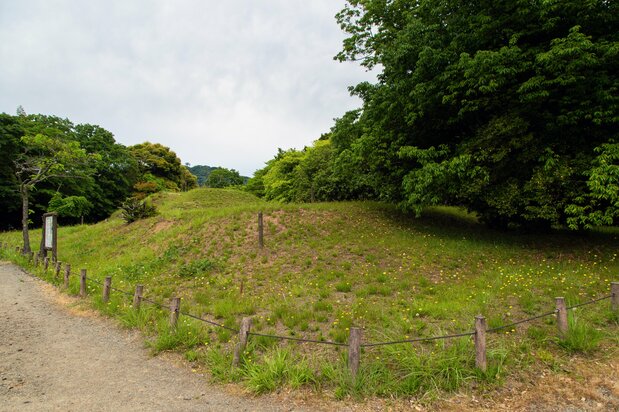 A burial mound at Yakumotatsu Fudoki no Oka. Many relics have been excavated in the area.