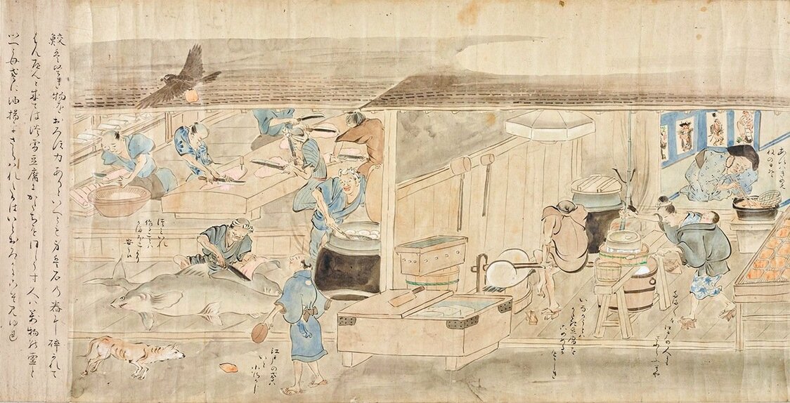 『近世職人尽絵詞』下巻、蒲鉾屋（左）と豆腐屋（右）。文章は山東京伝。　出典 : ColBase
