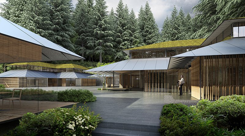 Vista exterior del proyecto “Japanese Gardens”, en Portland, Oregón. Imagen cortesía de Kengo Kuma & Associates