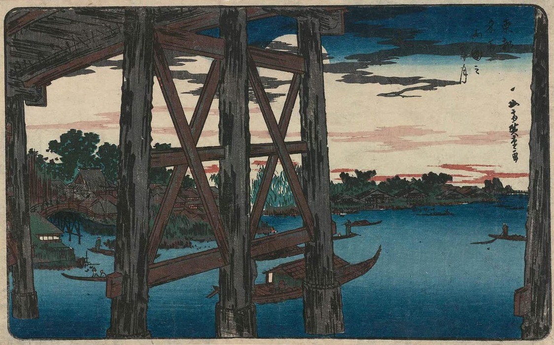 Luna vespertina sobre Ryōgoku, de la serie Lugares célebres de la Capital del Este. Colección del Museo de Bellas Artes de Boston.