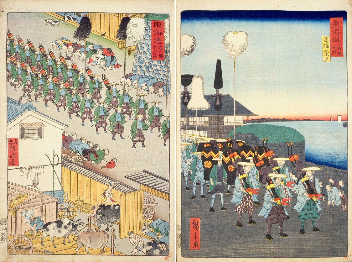 左は1863（文久3）年刊の河鍋暁斎（惺々周麿）『東海道 高縄牛ご屋』、右は同時期に描かれた二代広重の『高輪大木戸』（共に国会図書館蔵）。暁斎の絵の右上にも、門扉が取り払われた高輪大木戸の石垣が見える。その少し南から描いた二代広重の絵の石垣は、高輪大木戸跡と全く同じ形状。背後には江戸湾が広がっている