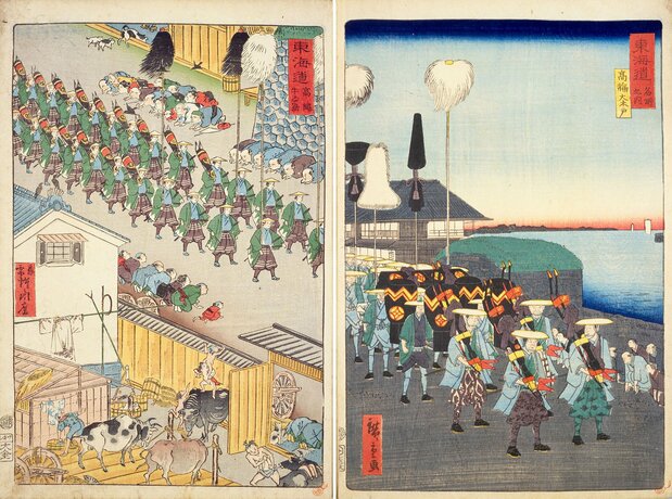 左は1863(文久3)年刊の河鍋暁斎『東海道 高縄牛ご屋』、右は同時期に描かれた二代広重の『高輪大木戸』(共に国会図書館蔵)。暁斎の絵の右上にも、門扉が取り払われた高輪大木戸の石垣が見える。その少し南から描いた二代広重の絵の石垣は、高輪大木戸跡と全く同じ形状。背後には江戸湾が広がっている