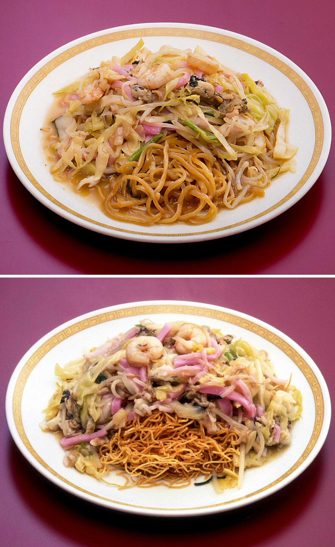 يقدم مطعم شيكائيرو طبق سارا أودون بنوعين من النودلز: إما نودلز سميكة طرية (في الأعلى) أو نودلز رفيعة مقرمشة مقلية. (بإذن من مطعم شيكائيرو)