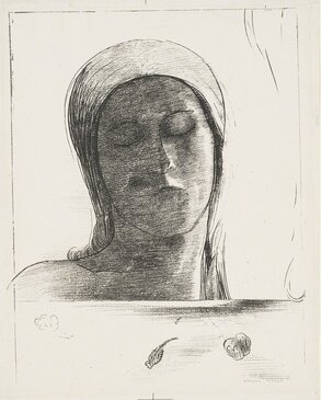奥蒂诺·雷东的画作《闭上眼睛》。1890年创作。 29.5×23.7㎝。平板画/纸。岐阜县美术馆藏。【三菱一号馆美术馆(东京丸之内)举办的《1894 Visions 雷东与劳特雷克画展》(截至2021年1月17日)参展作品】