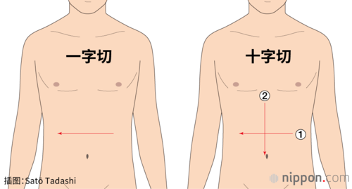 切腹方法多样，左图为“一字切”，从左到右切成一条直线被认为最优雅；右图为“十字切”，先横切一刀，再纵切一刀，被视为标准切法，但一般在切第二刀之前介错人就会为其斩首