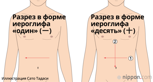 Существовали различные способы разрезания живота, элегантным считался прямой разрез слева направо (слева); крестообразный разрез считается формально стандартным, сначала делается горизонтальный разрез ①, после чего идёт вертикальный ②, но ещё до него кайсякунин наносит удар