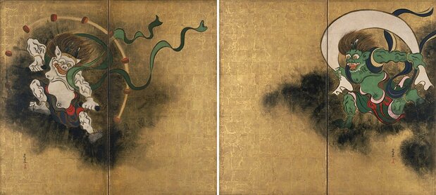 Fūjin raijin zu byōbu (Wind God and Thunder God), a painting on a folding screen. (Courtesy Tokyo National Museum/Colbase)