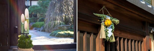 Adornos típicos de Año Nuevo: a la izquierda, un kadomatsu; a la derecha, un shimekazari. (PIXTA)