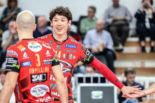 Ishikawa Yūki cracks a smile during an Italian Serie A Super League match between Perugia and Trentino held on October 27, 2024. (© IPA Sport/ABACA/ Kyōdō)