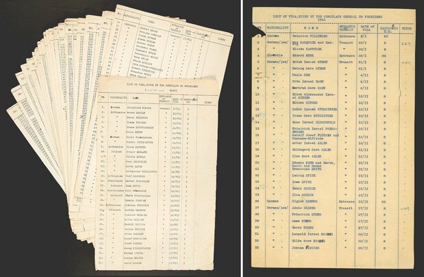 A la izquierda, la lista de los visados concedidos en Kaunas confeccionada por Sugihara durante su estancia en Praga. Incluye 2.140 nombres (cortesía del Ministerio de Asuntos Exteriores de Japón). A la derecha, la lista de los visados concedidos por Sugihara desde Praga, con 36 nombres (ídem). La segunda es mucho más corta, pero ha de tenerse en cuenta que Sugihara no dejó registro de muchos casos en que concedió visado a personas que incumplían los requisitos oficiales.