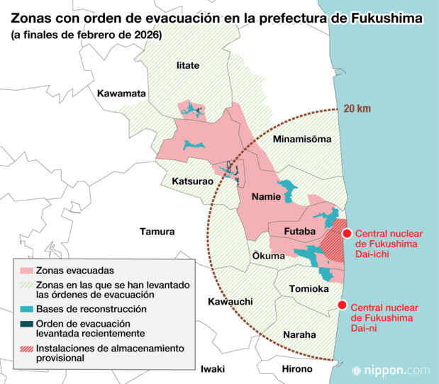 Zonas con orden de evacuación en la prefectura de Fukushima  (a finales de febrero de 2026)