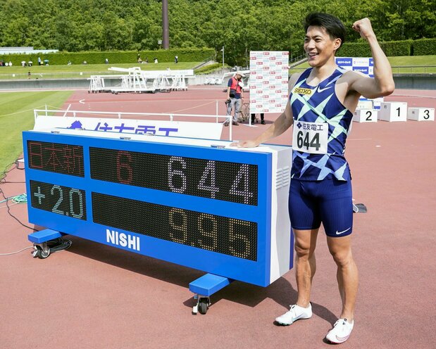 6月6日の布勢スプリントで山縣亮太は日本新記録を樹立。6月25日の日本選手権で3位となり、代表に滑り込んだ(2021年6月6日 鳥取市・ヤマタスポーツパーク陸上競技場)時事