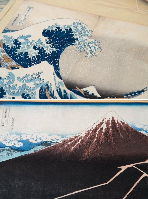 The Great Wave off Kanagawa (above) and Shower Below the Summit from Katsushika Hokusai’s Thirty-Six Views of Mount Fuji, both in the private collection of Uragami Mitsuru. 