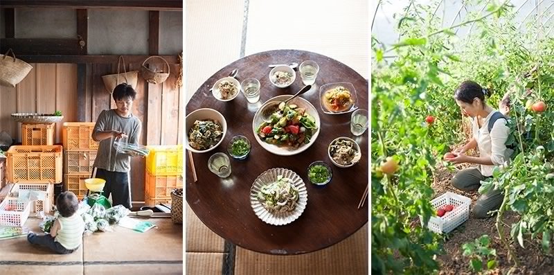 小儿子仁史总是和爸爸在一起（左）；每天的早餐，都是久美子用田里采摘的新鲜蔬菜做的（中）；久美子采摘蔬菜时总是背着仁史（右）