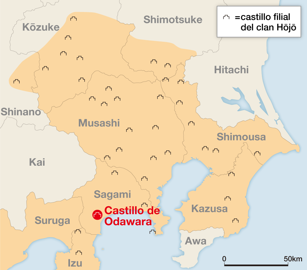 La red de castillos filiales de Hōjō. Este mapa corresponde a 1585, su periodo de mayor esplendor. En ese entonces, el cabeza del clan era Ujimasa, segundo hijo de Hōjō Ujiyasu.