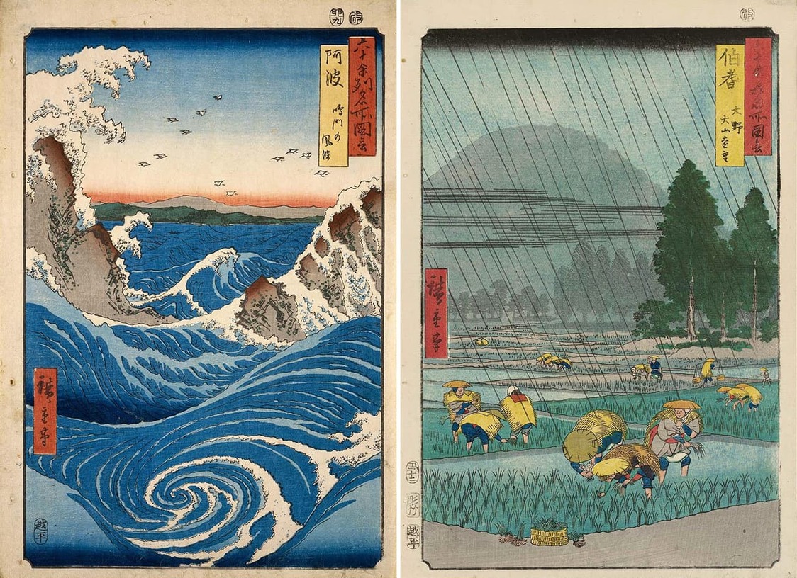 Izquierda: Los remolinos de Naruto en la provincia Awa. Derecha: Vista lejana del monte Ōyama desde Ōno, en la provincia de Hōki. Ambas de la serie Vistas de lugares famosos de más de sesenta provincias. Colección del Museo de Bellas Artes de Boston.