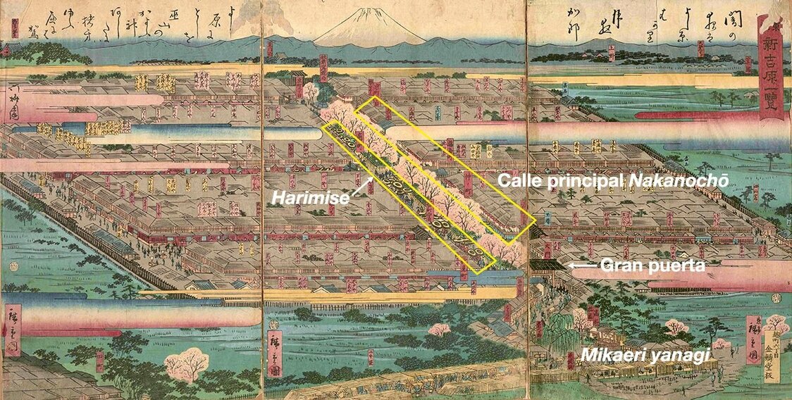 Una vista de Yoshiwara que muestra harimise a ambos lados de la calle principal Nakanochō, que atraviesa Yoshiwara al pasar el mikaeri yanagi y la gran puerta. Se dice que el mikaeri yanagi, o “sauce que mira hacia atrás”, tomó su nombre de las miradas melancólicas que los hombres lanzaban hacia atrás al salir del distrito del placer. Tōto Shin-Yoshiwara ichiran (Vista de Shin-Yoshiwara en la capital oriental), de Hiroshige II. (Cortesía de la Biblioteca Central Metropolitana de Tokio)