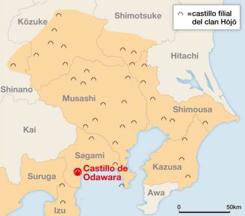 La red de castillos filiales de Hōjō. Este mapa corresponde a 1585, su periodo de mayor esplendor. En ese entonces, el cabeza del clan era Ujimasa, segundo hijo de Hōjō Ujiyasu.