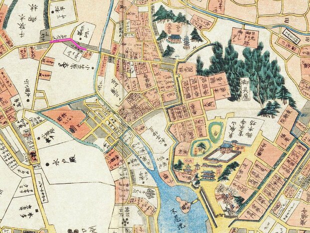 『安政改正御江戸大絵図』(1858年、国会図書館蔵)より、千駄木御林(左上)から寛永寺黒門前の広小路(右下)までを切り抜いた。千駄木御林の右のピンク色部分が団子坂で、右に向かって下っている