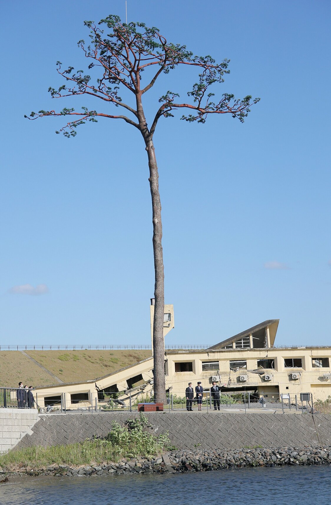 「奇跡の一本松」を視察される天皇、皇后両陛下＝2023年6月3日、岩手県陸前高田市（時事）