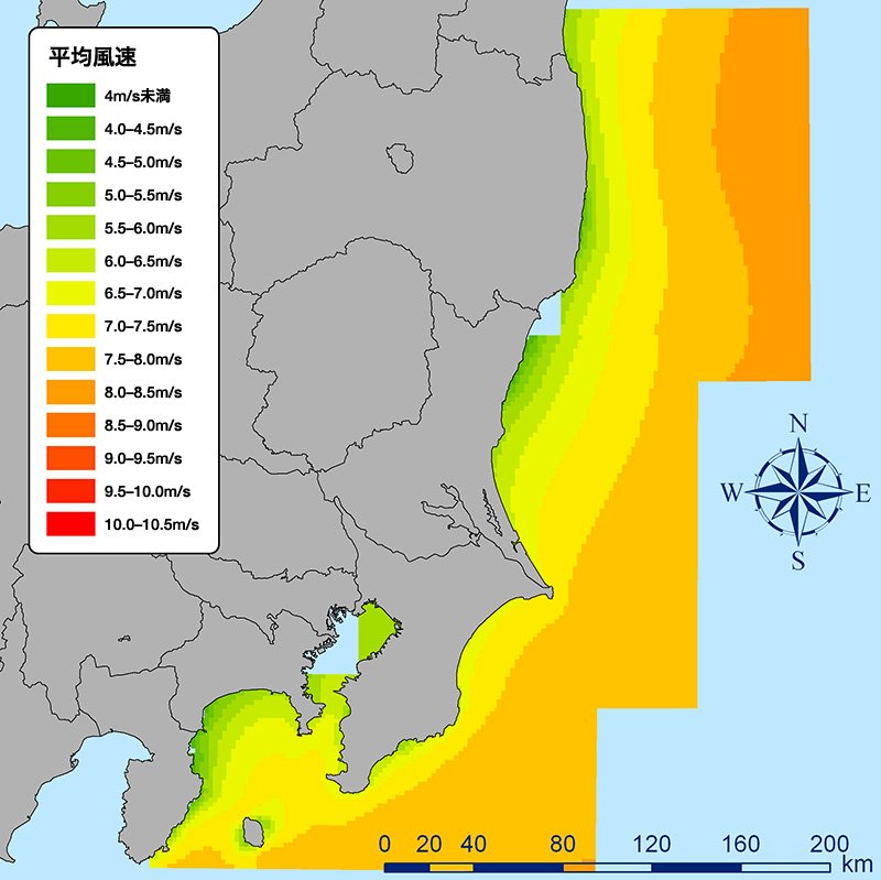福島・茨城・千葉沿岸における年平均風速のマップ（画像提供：東京大学　石原孟教授）。福島県いわき市沖の天然ガス田にとりつけた風速計で2年にわたって実測したところ、陸上の年平均風速が毎秒4.3メートル程度であるのに対し、洋上では毎秒7.4メートル、月最高毎秒9メートル以上の風を観測。