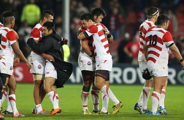 2015イングランド大会で、プール戦最終の米国戦に勝利し、喜び合う日本代表。3勝1敗の好成績ながら、残念ながらベスト8には進出できなかった