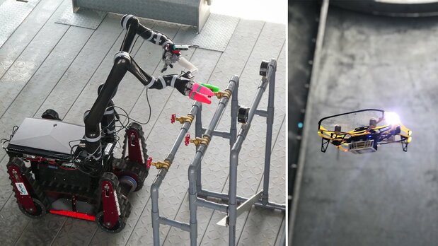バルブの開閉作業を試みる会津大学の「スパイダー」（左、2019年3月）。煙突内で映像を撮影しながら飛行するLiberawareの設備点検用小型ドローン「IBIS」（右、2019年4月）　写真提供：福島ロボットテストフィールド