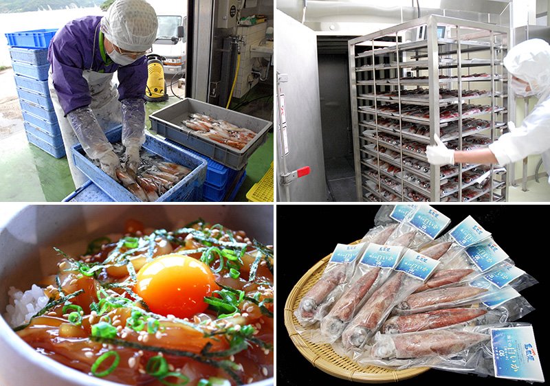 新鮮な白イカにCAS凍結を施して鮮度を封じ込め（写真上段）、真空パックで包装する。CAS冷凍イカの刺身を使った漬け丼は、東京浅草の「離島キッチン」でも人気の定番メニューだ。