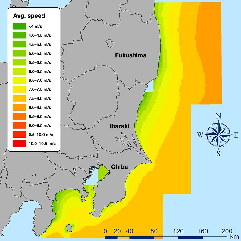 Annual average wind speed off the coast of Fukushima, Ibaraki, and Chiba Prefectures. The average maritime wind speed at one location off the coast of Iwaki, Fukushima, measured over a two-year span was 7.4 meters per second, with monthly maximum wind speeds exceeding 9 m/s, compared to an average wind speed on land of just 4.3 m/s. (Courtesy Ishihara Takeshi, University of Tokyo.)