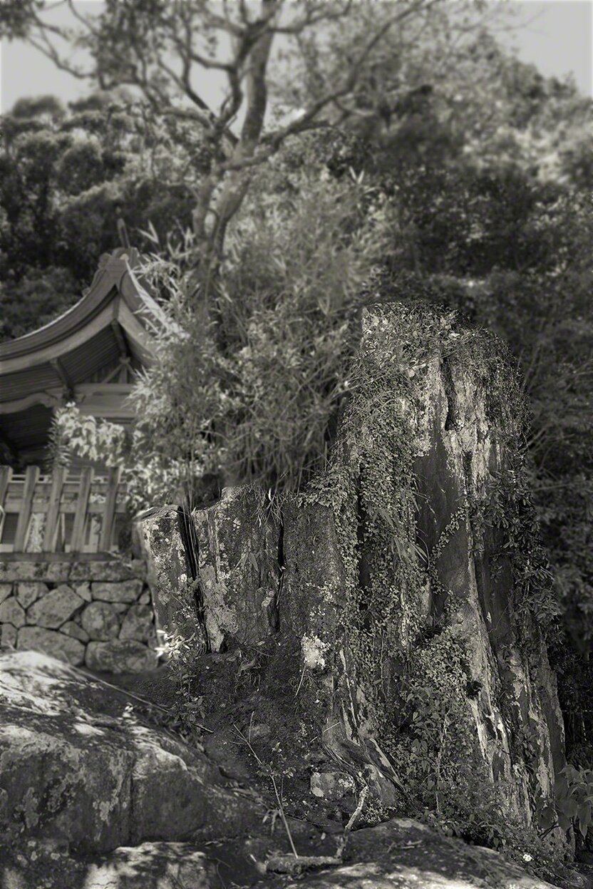 The tateiwa (standing stone) behind the main shrine building. (© Ōsaka Hiroshi)