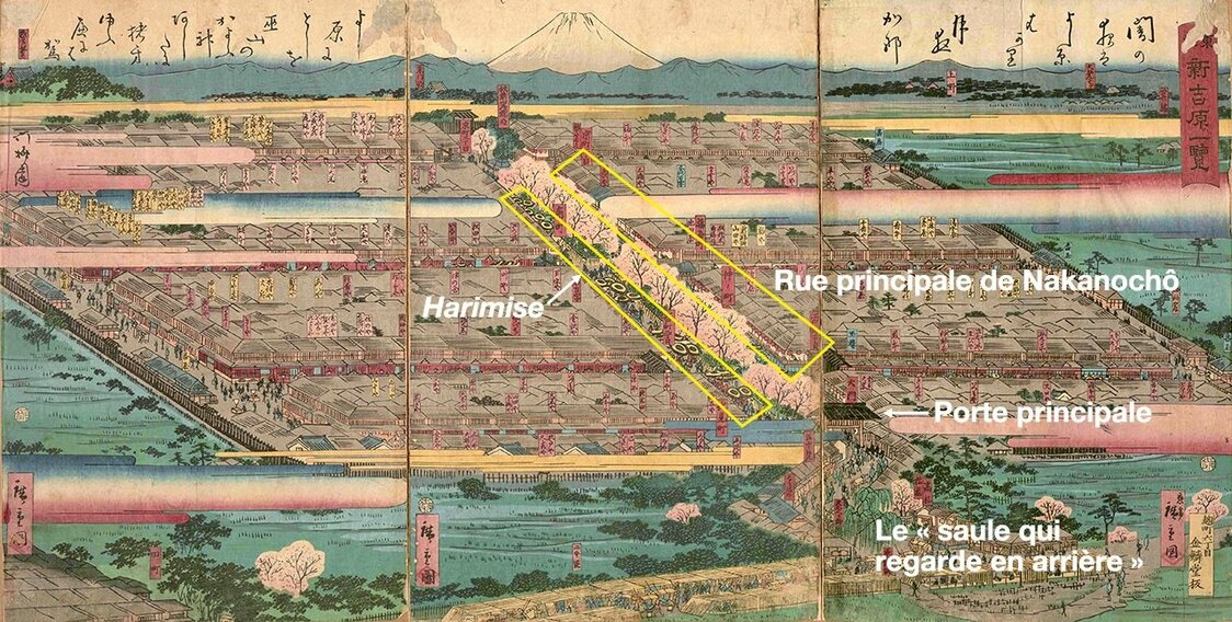 Cette vue de Yoshiwara montre les harimise alignés des deux côtés de la rue principale de Nakanochô. Le mikaeri yanagi, ou « saule qui regarde en arrière », doit, dit-on, son nom aux regards nostalgiques que les hommes jetaient derrière eux à leur sortie du quartier de plaisir. Tôto Shin-Yoshiwara ichiran (Vue de Yoshiwara dans la capitale de l’Est), par Hiroshige II. (Avec l’aimable autorisation de la Bibliothèque centrale de la métropole de Tokyo)
