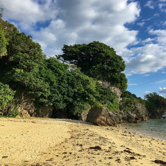 Extremo norte de la playa de Hyakuna, donde se cuenta que desembarcó Amamikiyo. Fotografía: Kitazaki Jirō.