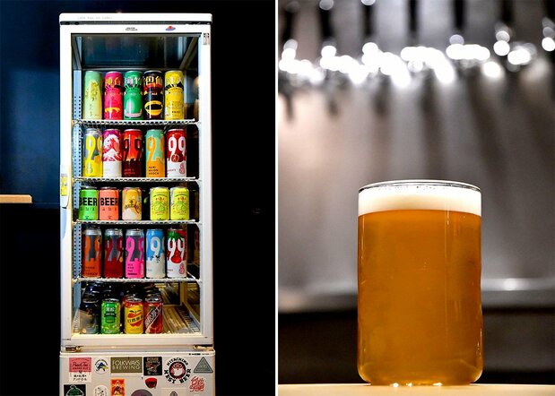 Des bières en cannette sont aussi disponibles au magasin, avec des designs très colorés.