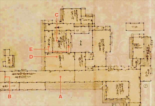 Un mapa que muestra las habitaciones del shōgun dentro del castillo de Edo (cortesía de los Archivos Especiales de la Biblioteca Metropolitana de Tokio)