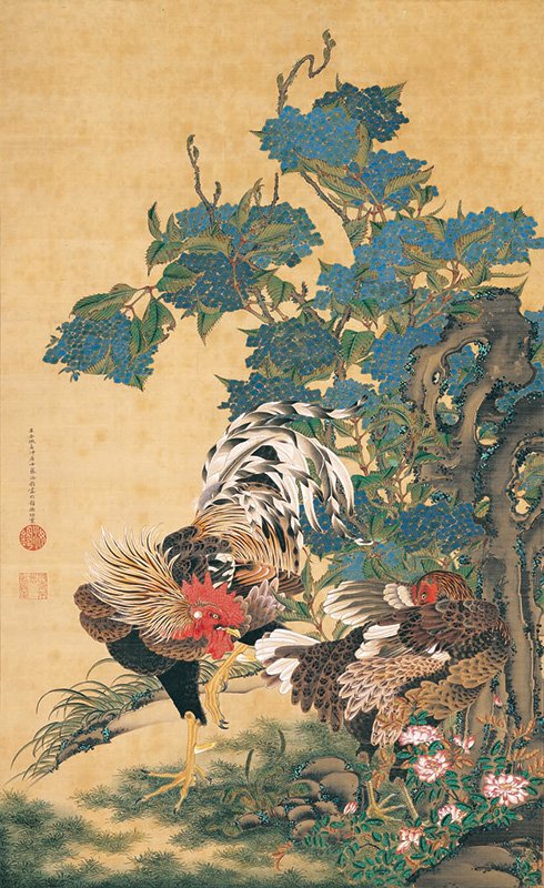伊藤若冲「紫陽花双鶏図」